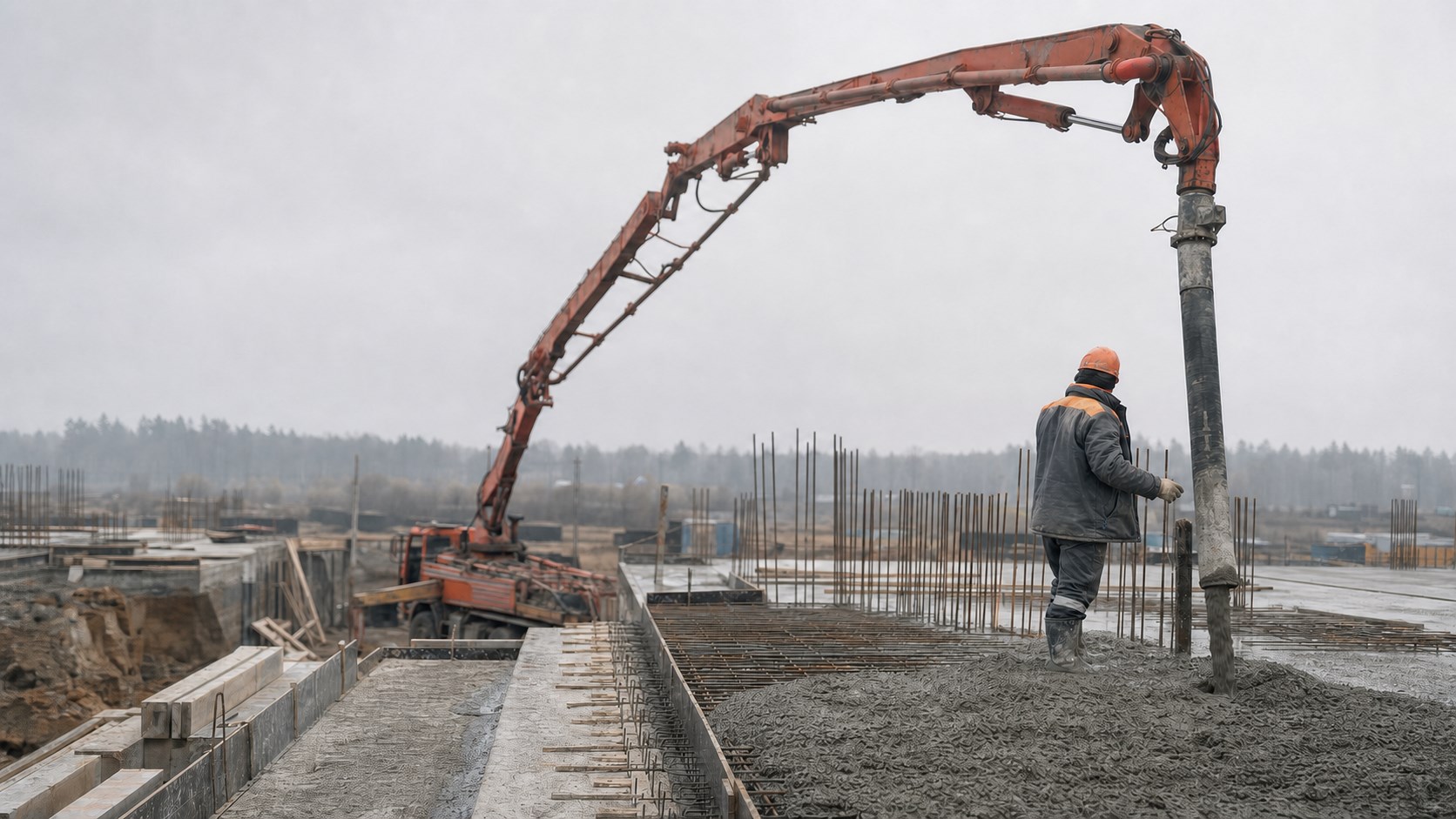 Подача бетонной смеси из миксера на подготовленный объект